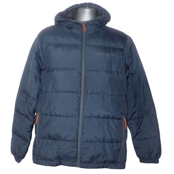 Eddie Bauer Jacket Wide Channel Hooded Down Full Zip Navy Blue Coat Men M w/hood - Picture 1 of 7